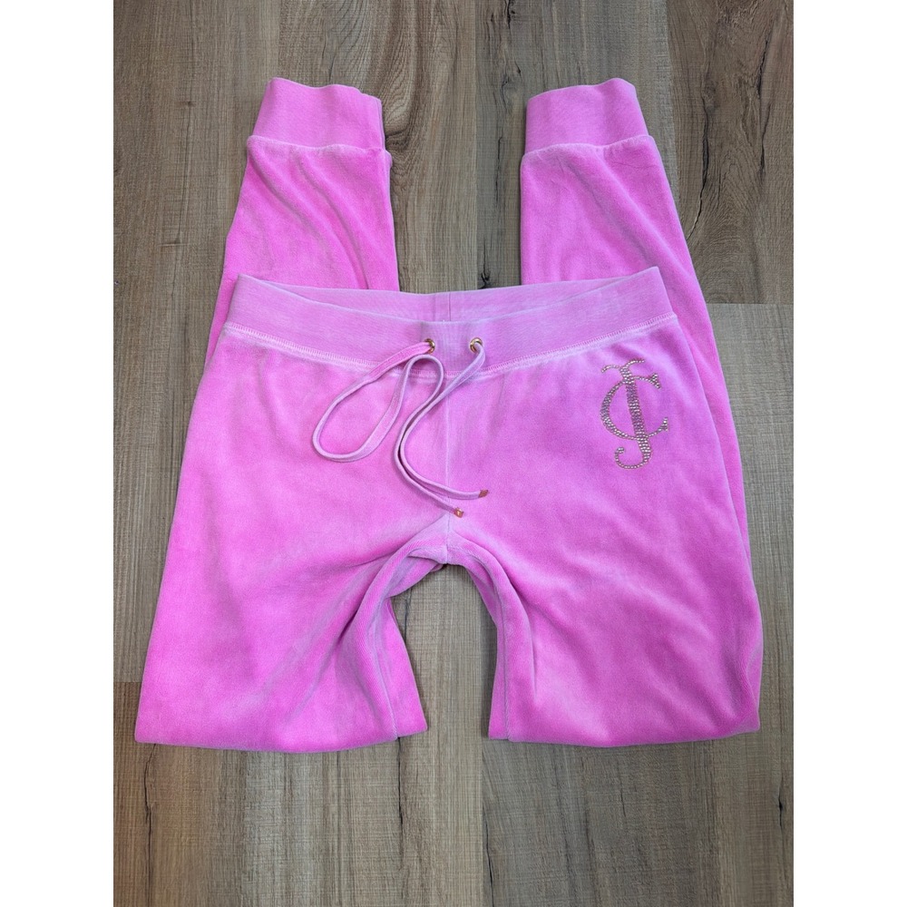 Juicy Couture Y2K Low Rise Pink Velour Joggers Rhinestone JC Logo XS Track Pants